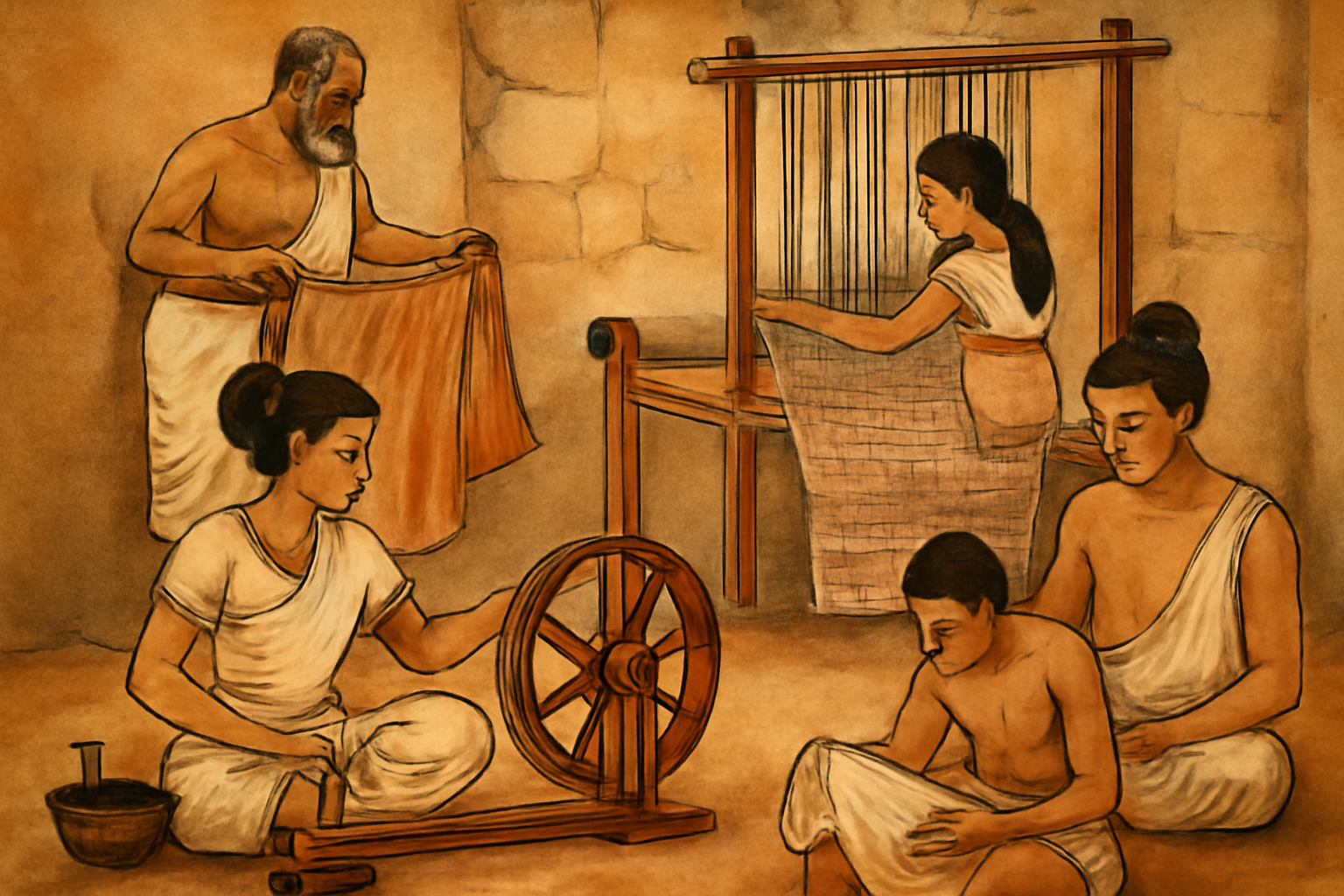 Harappan civilization textile workshop with people spinning thread, weaving on looms, and dyeing fabric in an ancient setting.