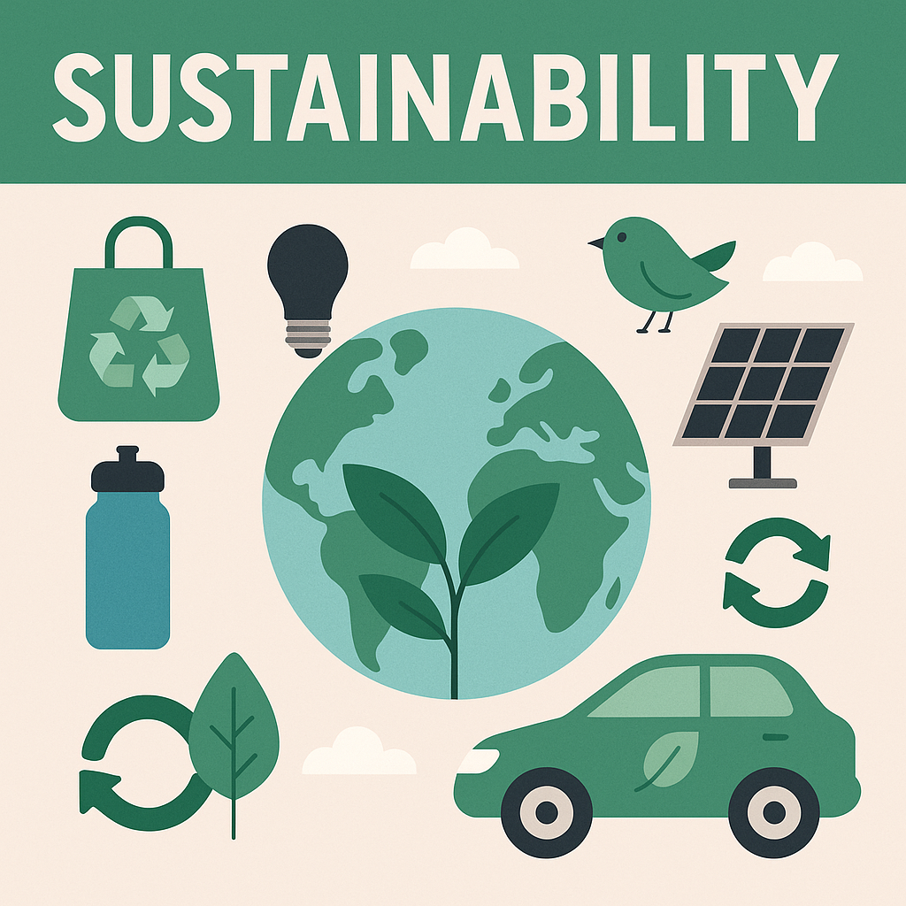 Flat design infographic showing sustainability symbols including Earth, a reusable bag, LED light bulb, water bottle, solar panel, electric car, recycling arrows, and a green bird on a beige background with 'SUSTAINABILITY' text at the top.